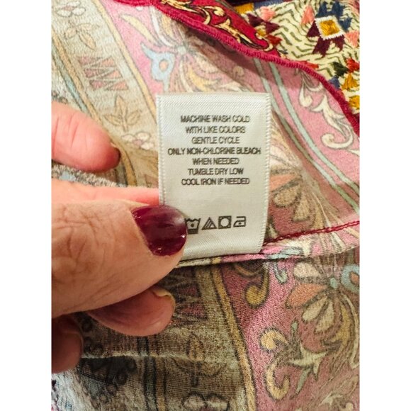 John Mark Boho Multicolor Floral Patchwork Blouse S Velvet Accents L/S Tassel - Picture 10 of 10